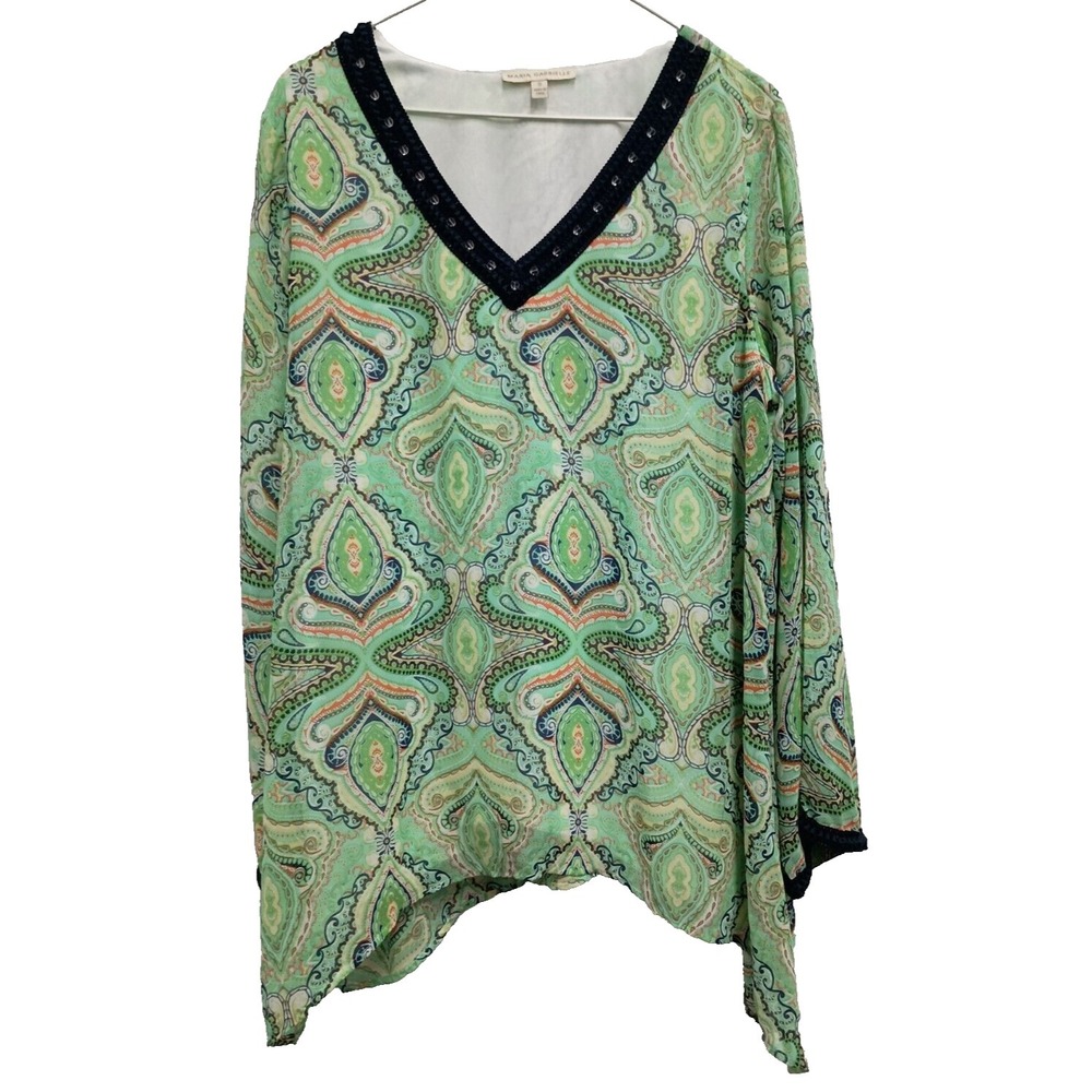 Maria Gabrielle BOHO Cottage Tunic‎ Top Womens Size 1X Green Paisley Chiffon